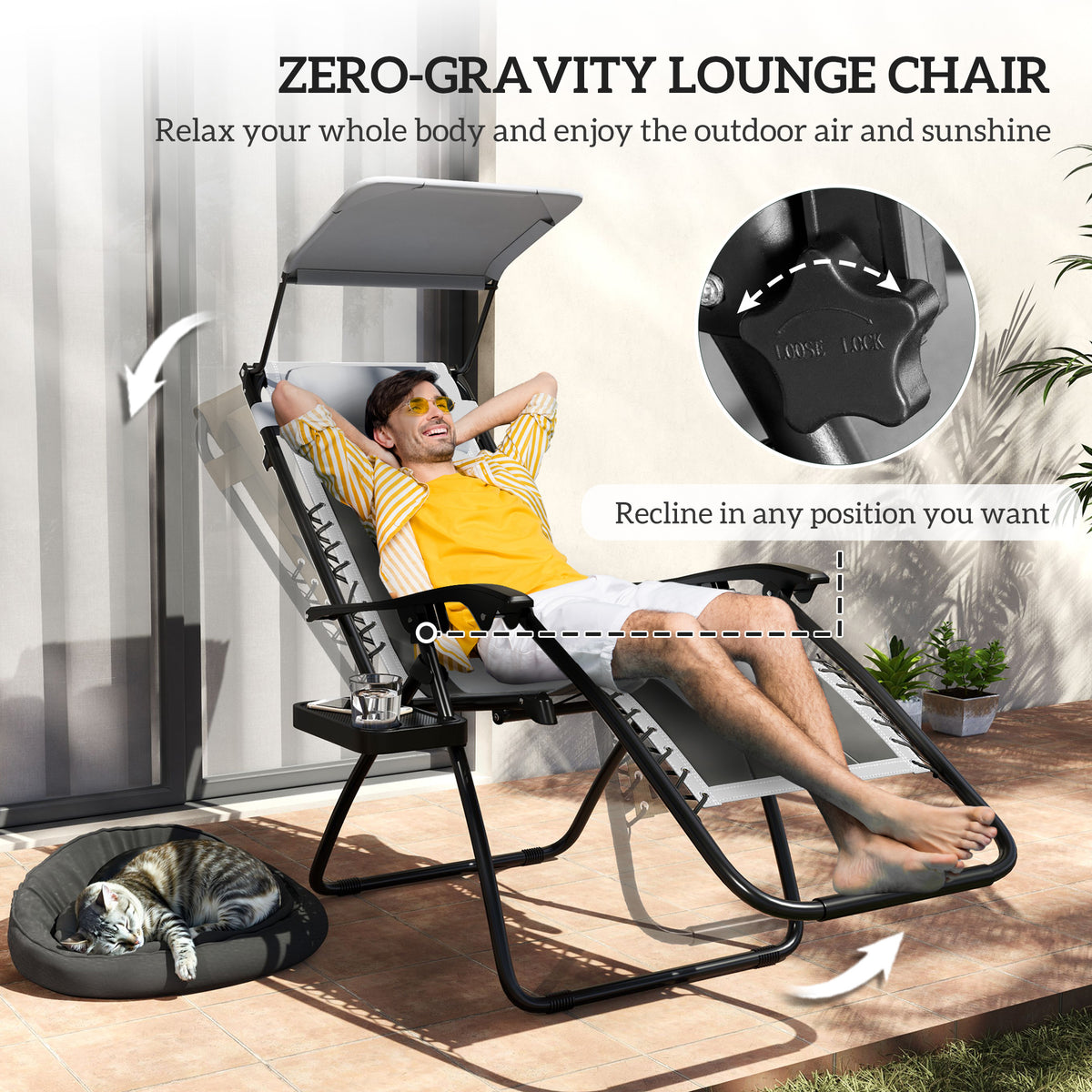 Outsunny zero-gravity lounge chair reclined with shade cover and side tray