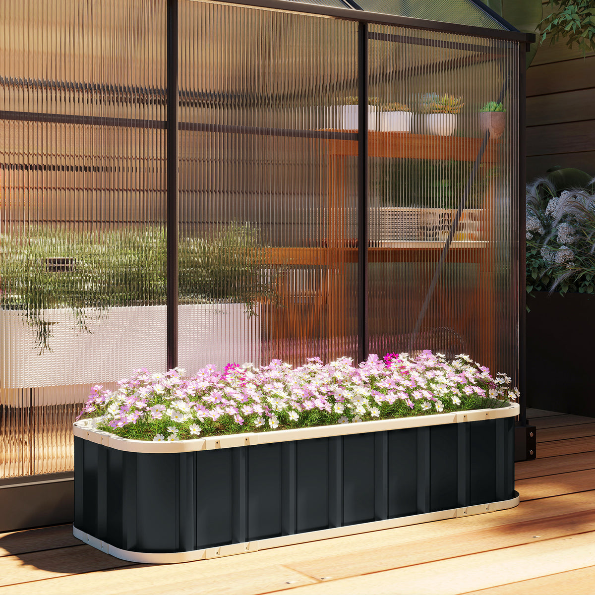 Outsunny Galvanised Raised Garden Bed, 4.5 x 2 x 1 ft Metal Planter with Gloves and Folded Edging, Dark Grey
