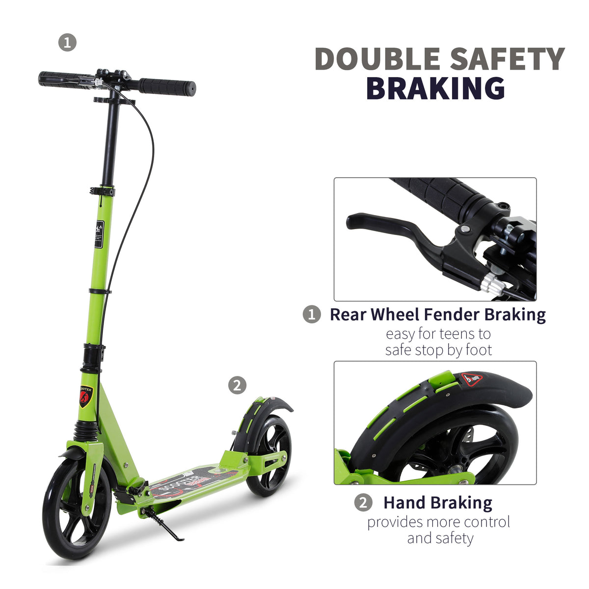 Green HOMCOM scooter with close-ups of its rear fender and hand brakes