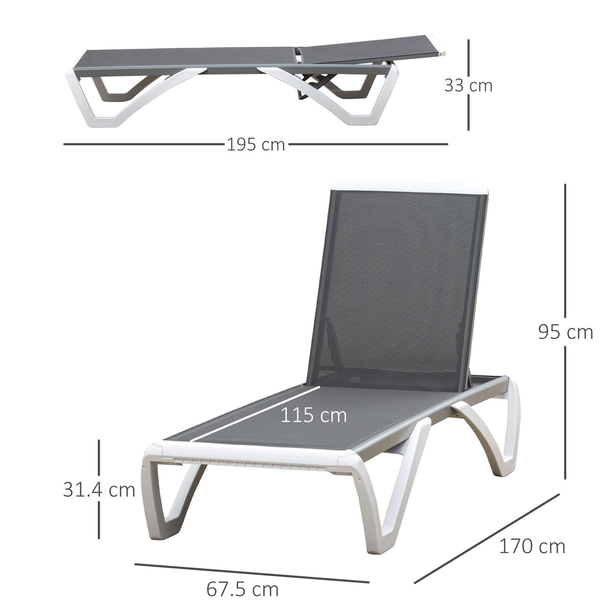 Grey sun lounger with adjustable backrest and labeled dimensions