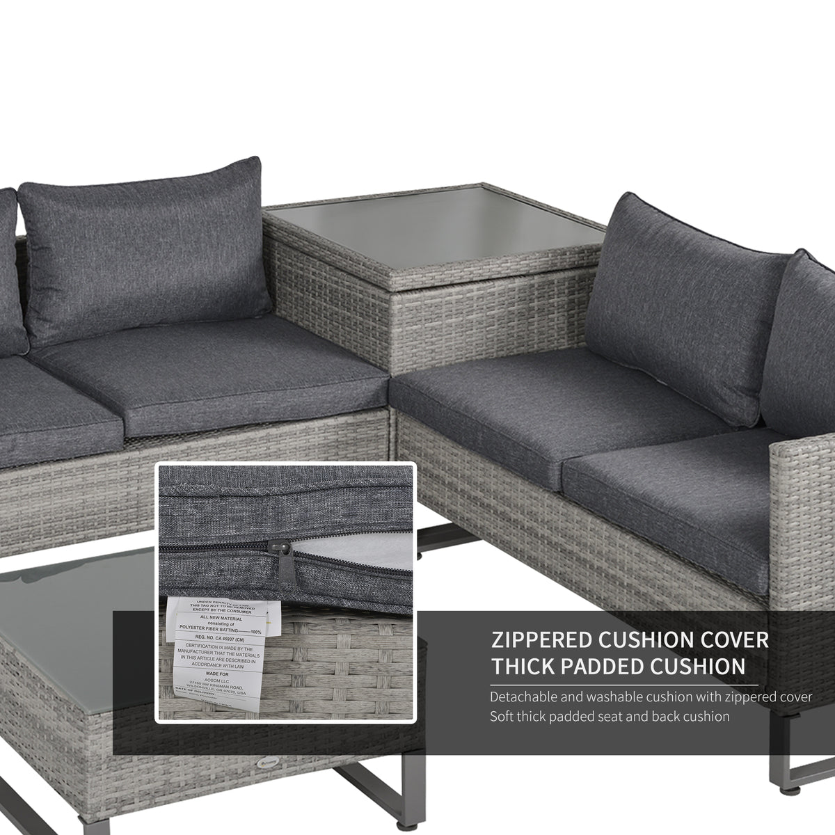 Gray wicker loveseat set with thick dark cushions and removable zippered covers