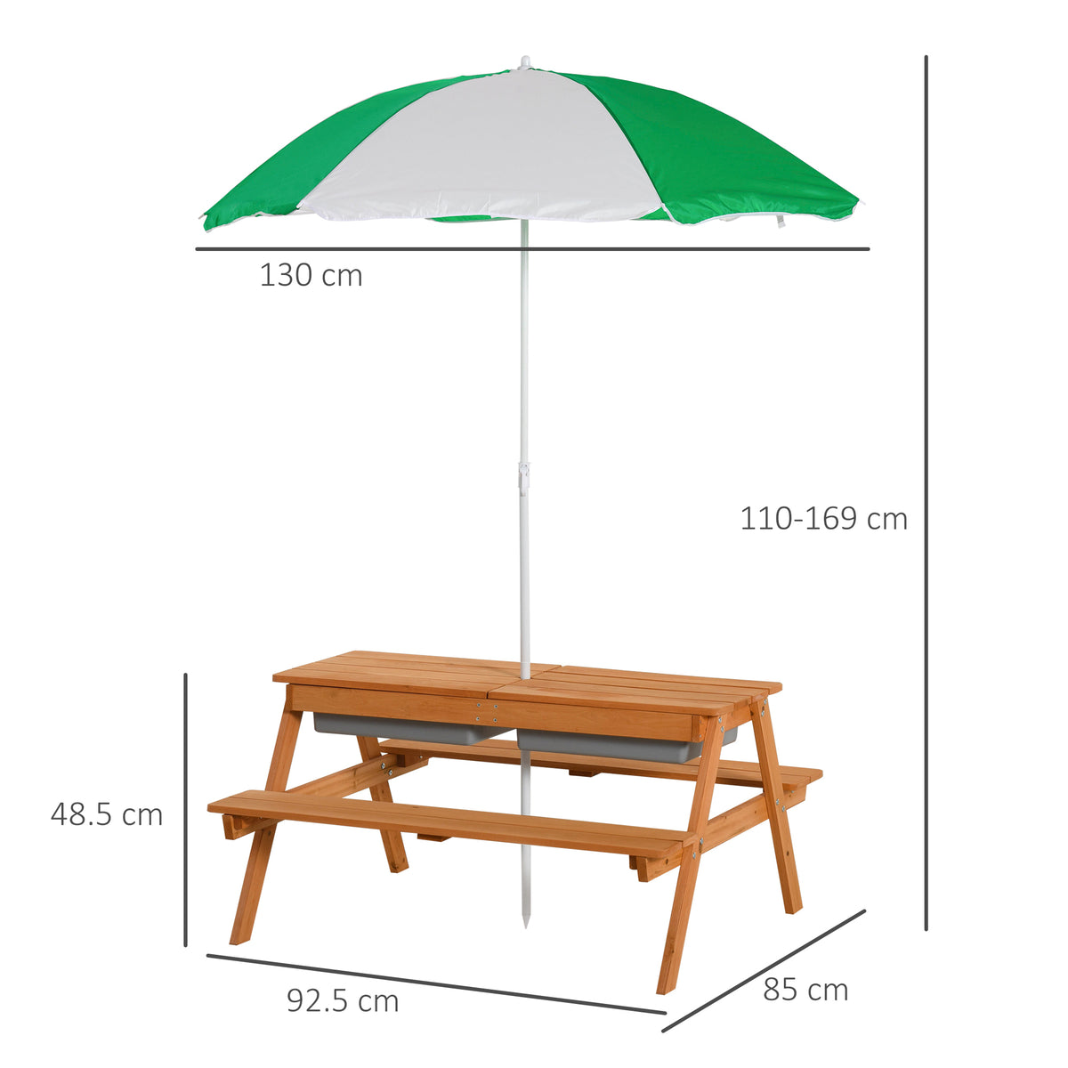 Outsunny wooden kids picnic table with benches and parasol, shown with dimensions