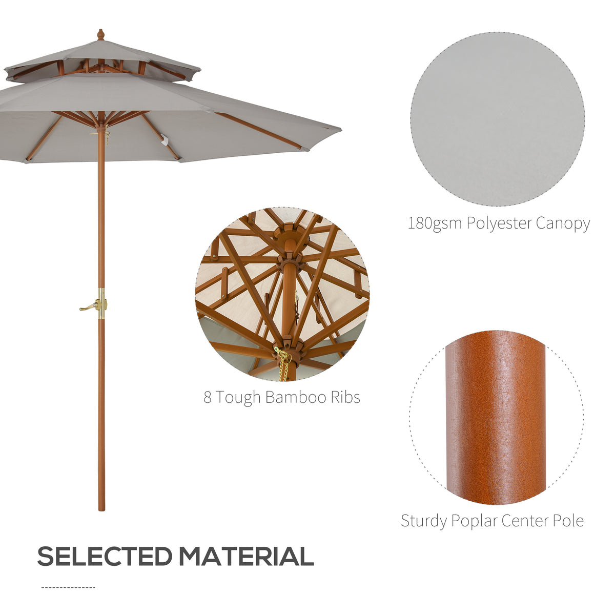 Outsunny grey parasol showing bamboo ribs, polyester canopy, and wooden center pole