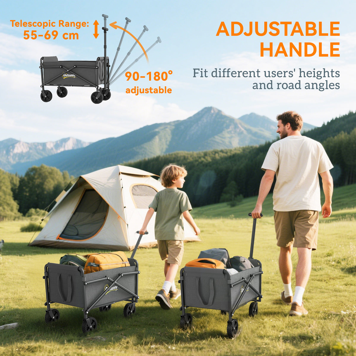Outsunny 62L Festival Trolley on Wheels, Portable Small Folding Trolley Cart, 60kg Heavy Duty Collapsible Foldable Wagon with Adjustable Handle and Carrying Bag for Beach, Camping, Garden, Grey