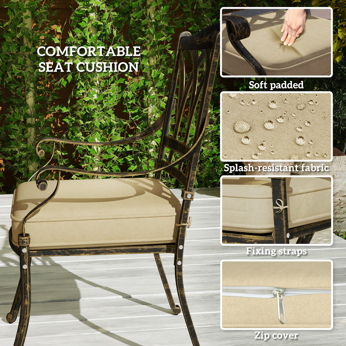 Dining chair with beige padded cushion, splash-resistant fabric, fixing straps and zip cover