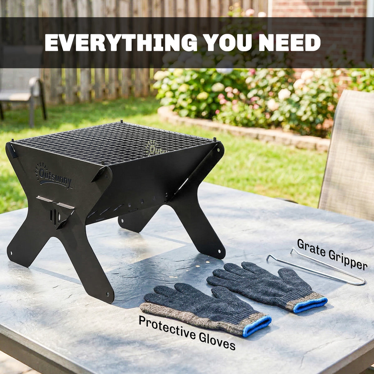 Outsunny 2-In-1 Portable BBQ Grill and Camping Fire Pit, Tabletop Charcoal Barbecue Grill with Gripper, Gloves and Carry Bag