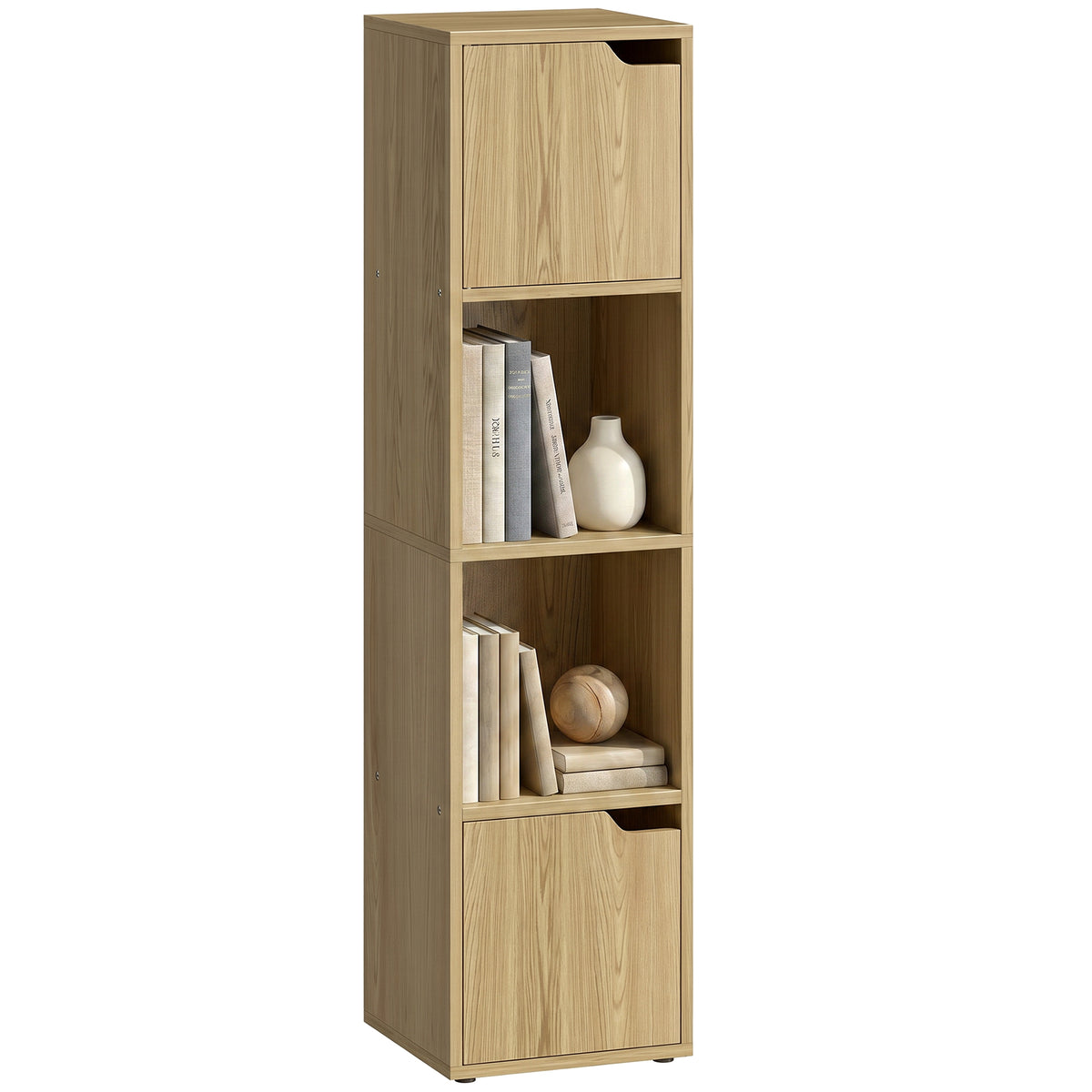 HOMCOM Narrow Bookcase, 4-Tier Bookshelf, Storage Cabinet with doors for Living Room, Bedroom, Oak