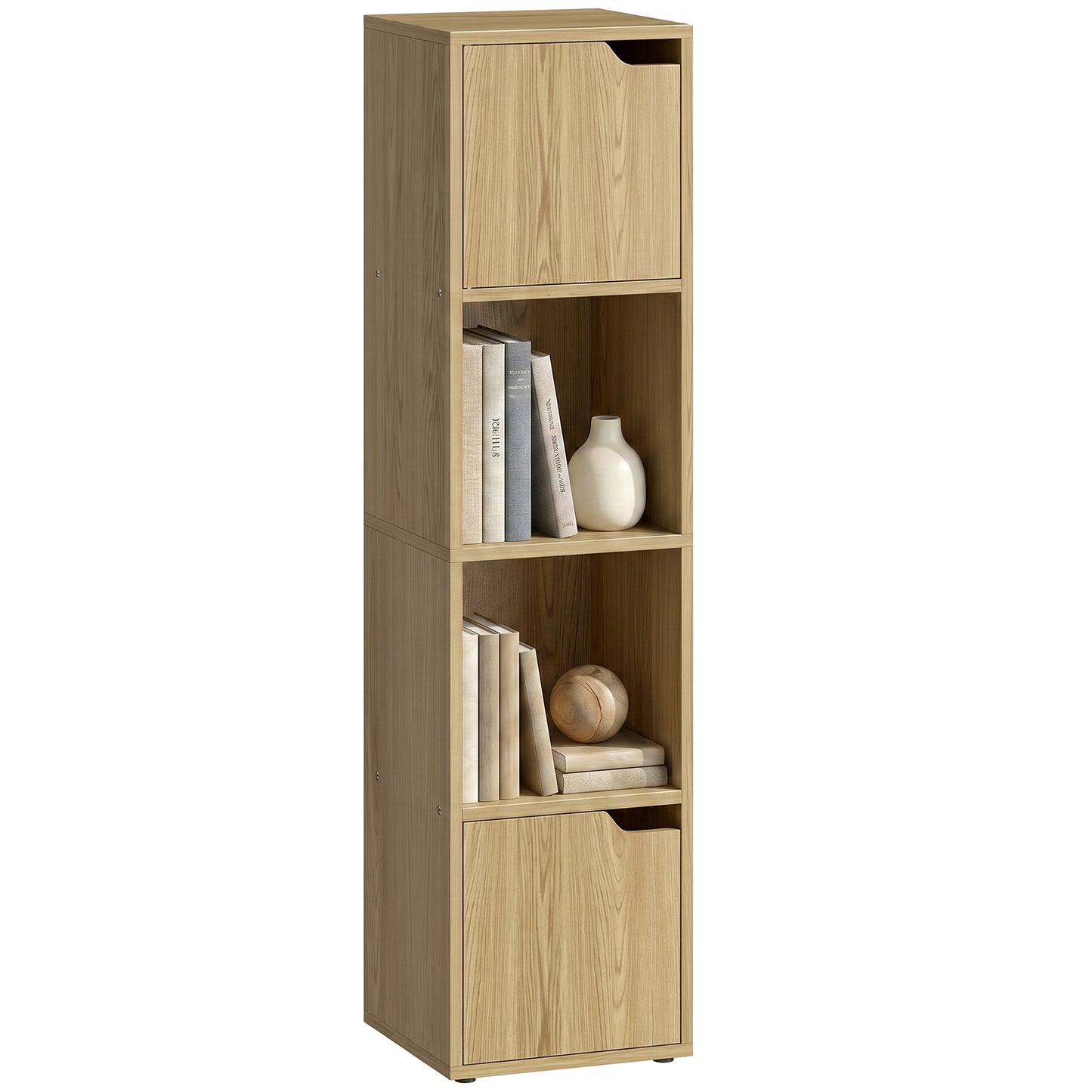HOMCOM Narrow Bookcase, 4-Tier Bookshelf, Storage Cabinet with doors for Living Room, Bedroom, Oak