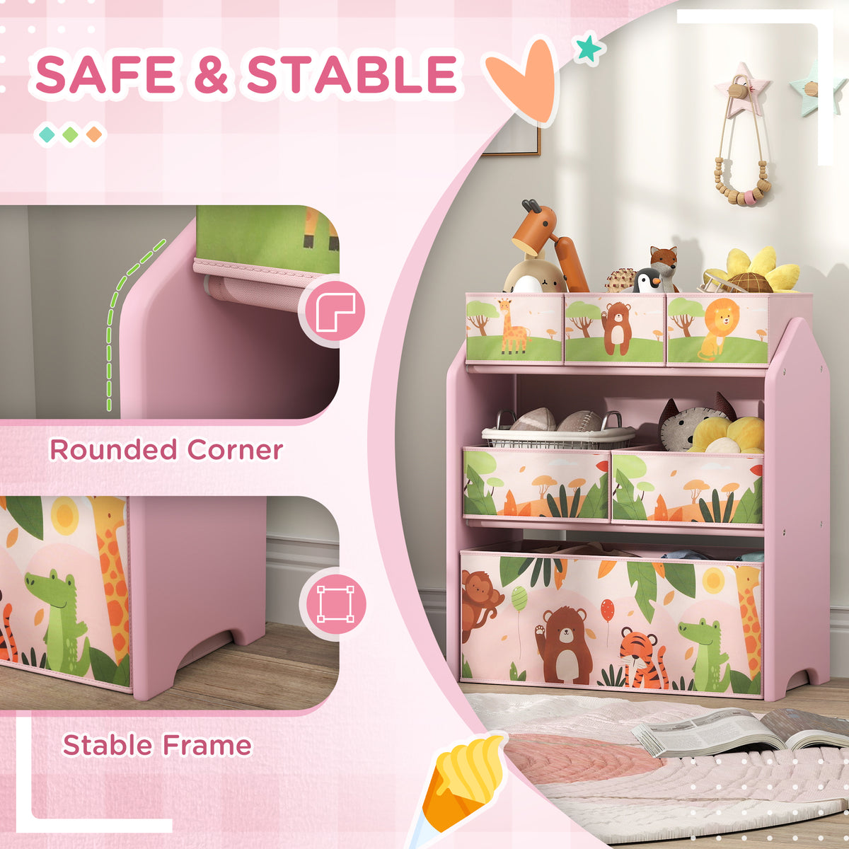 AIYAPLAY pink toy organizer with rounded corners and a stable frame