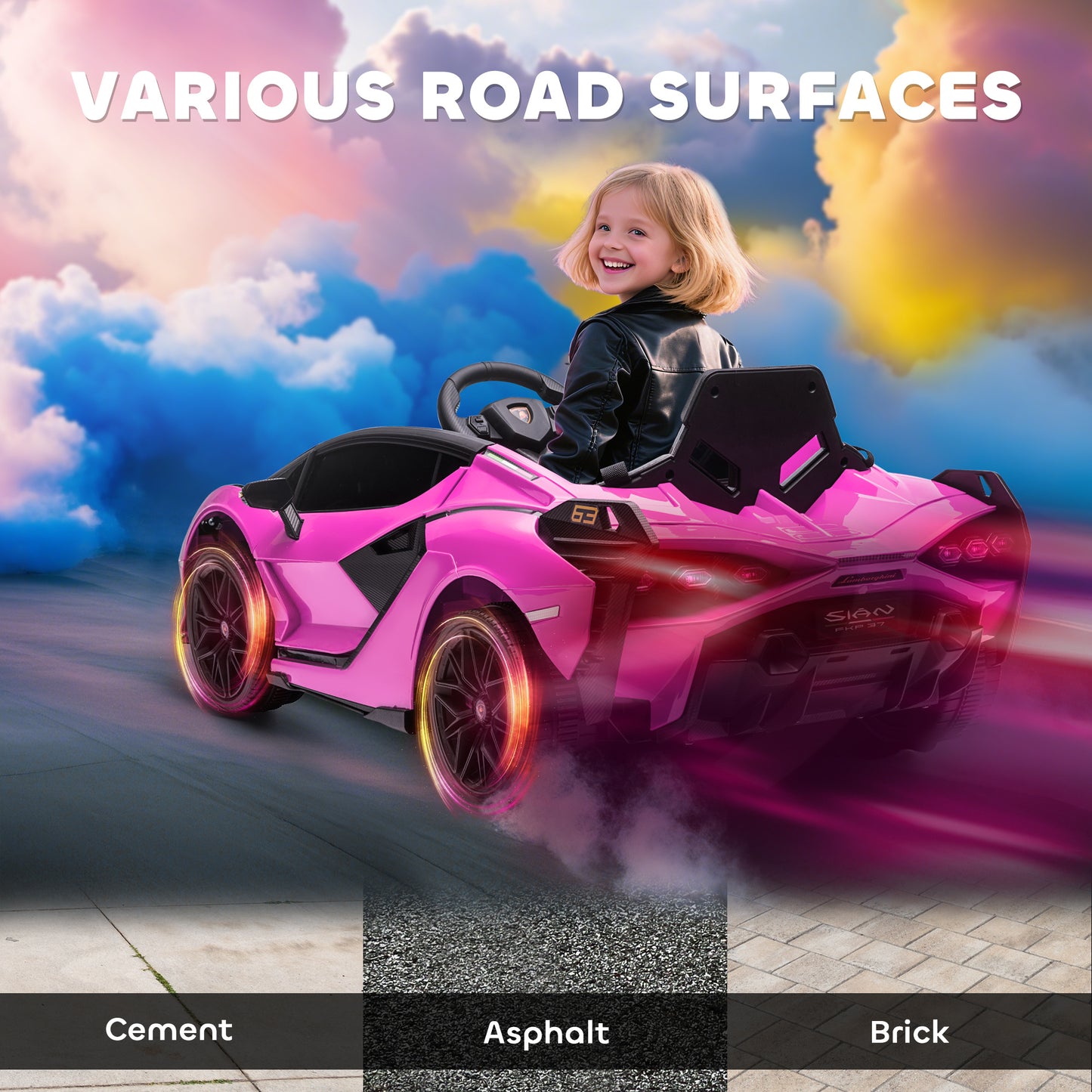 HOMCOM Lamborghini Sian Licensed Electric Car for Kids, 12V Kids Electric Ride on Car with Dual Motors, Remote Control, Pink