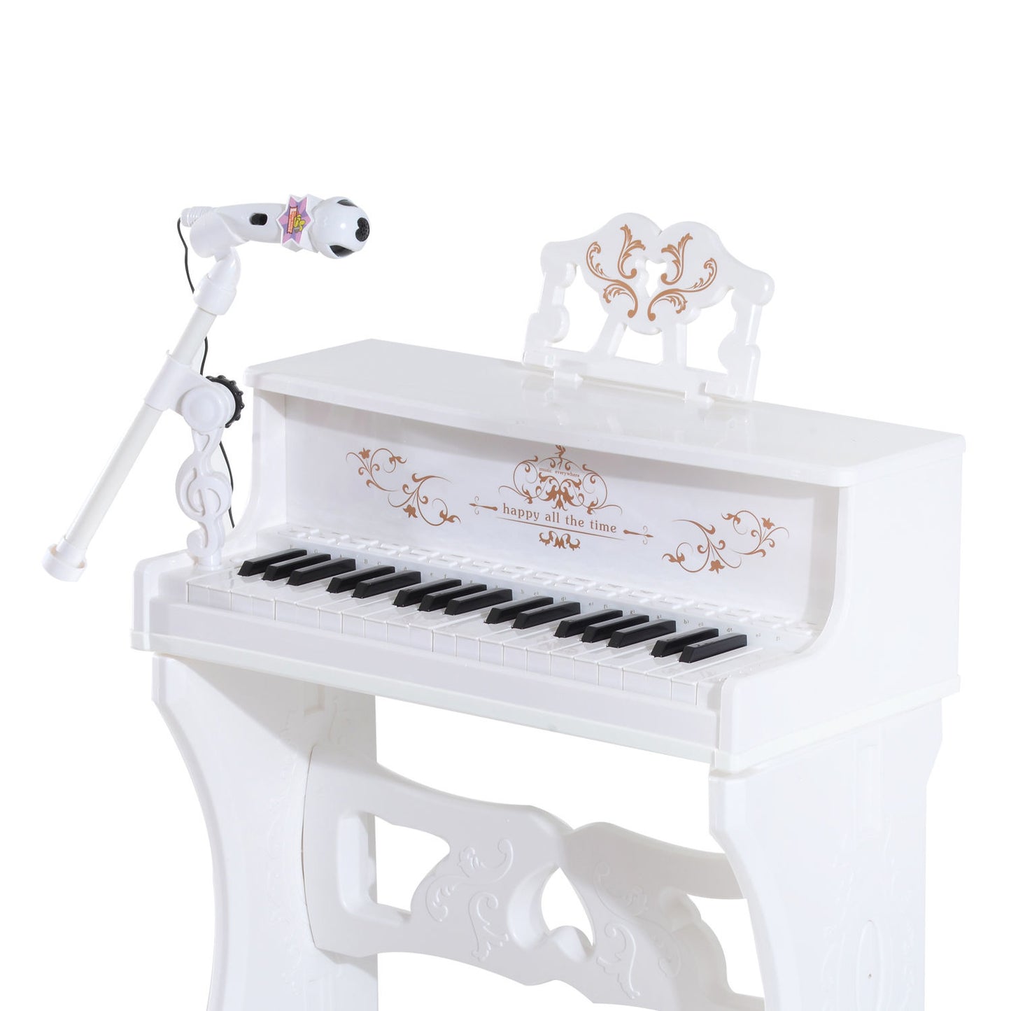 White kids' electronic piano with 37 keys, adjustable microphone and decorative music stand.