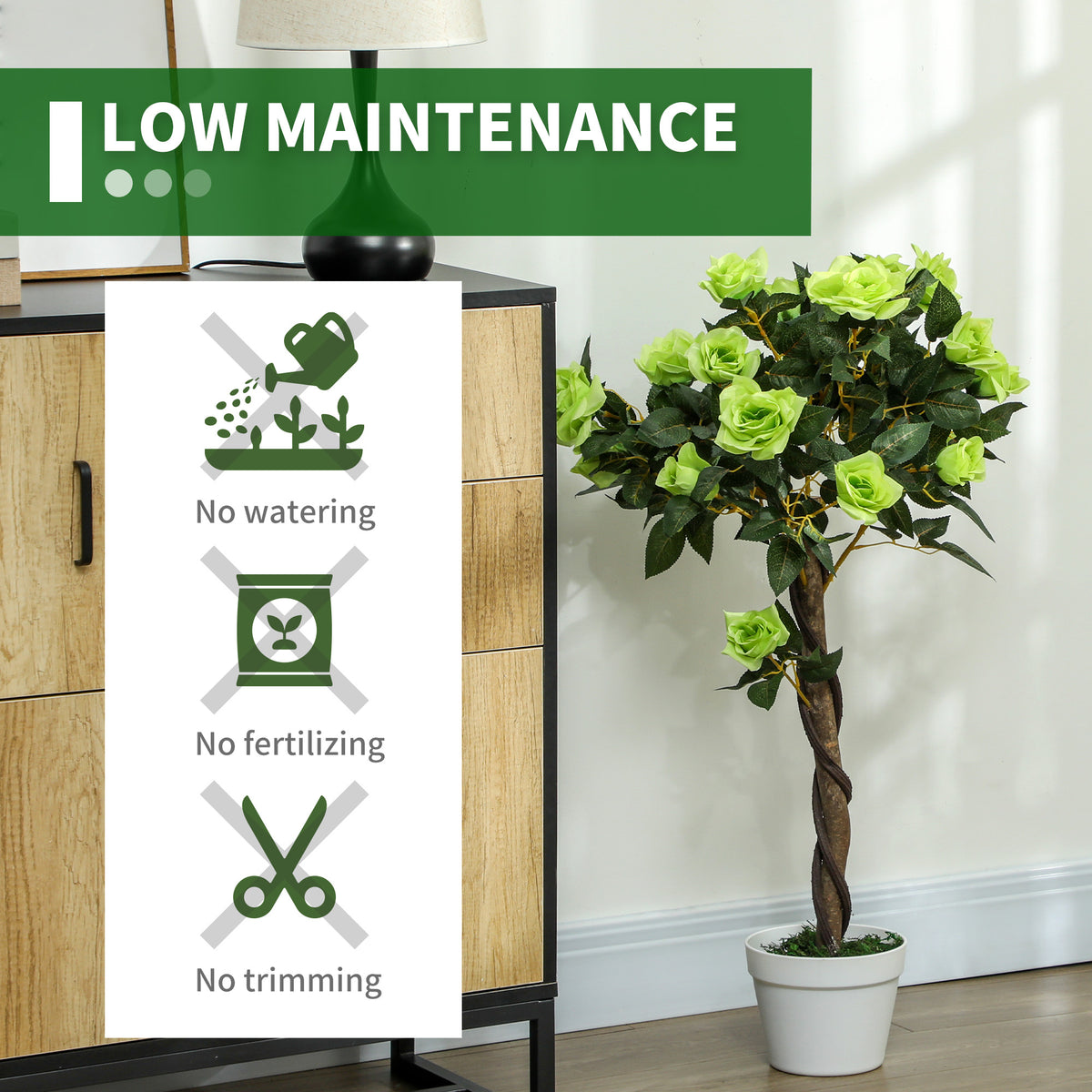 Faux rose tree with lime-green flowers, dark green leaves, and a white pot