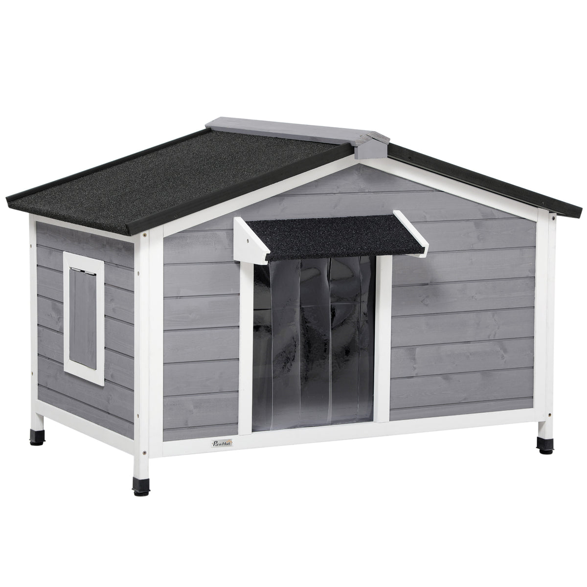 Photo of PawHut Wooden Dog Kennel for Outside, for Medium Dogs, 72H x 109L x 79Wcm, Grey in Grey colour on a white background