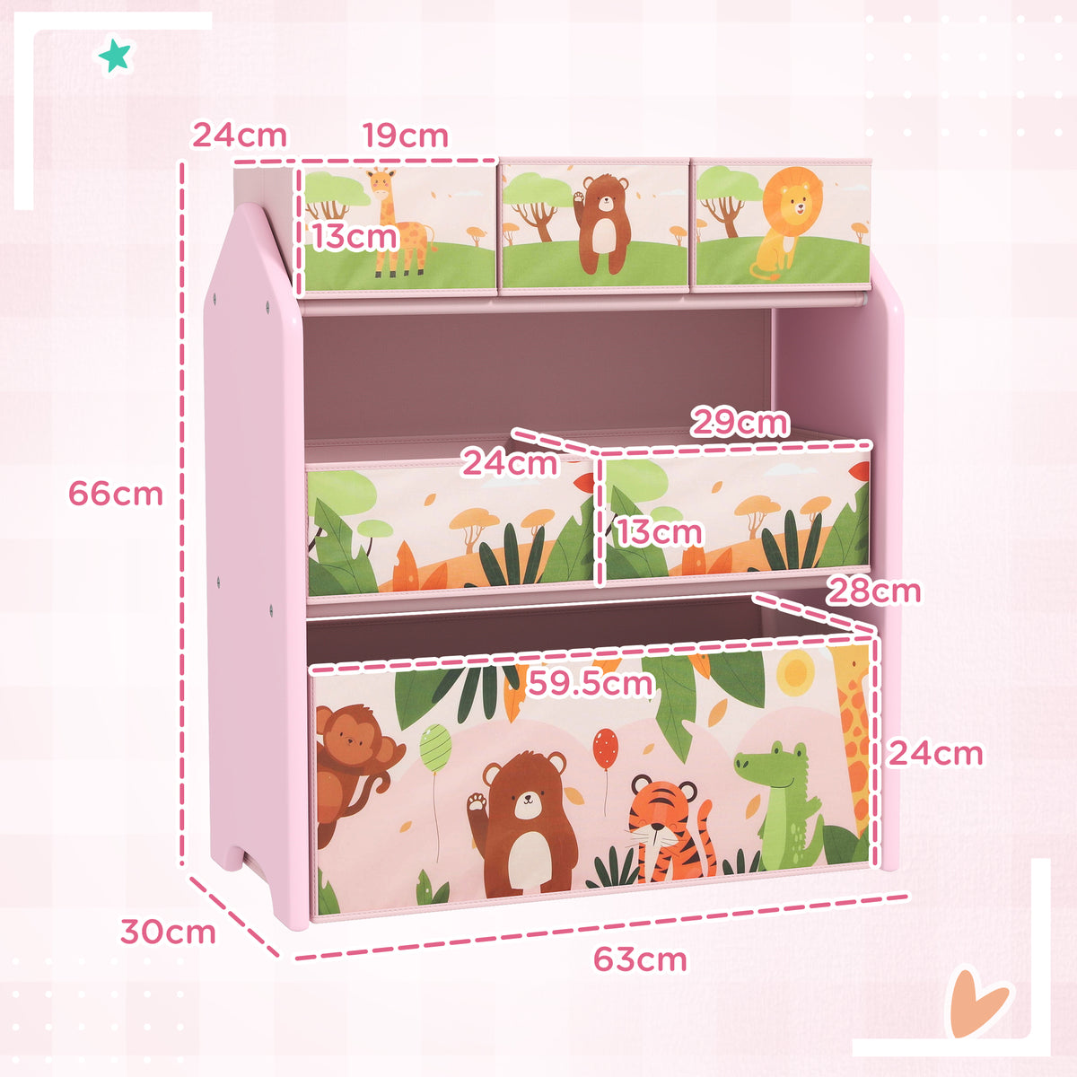 AIYAPLAY toy storage unit with dimensions marked, three tiers and six removable bins