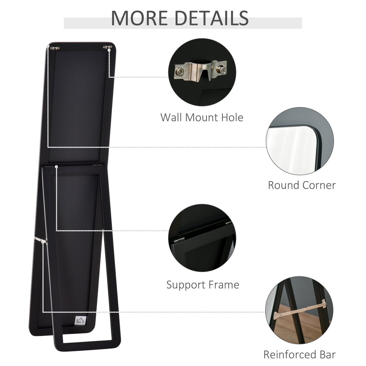HOMCOM Full Length Mirror, 156 x 37 cm Rectangular Full Body Mirror with Stand, Floor Standing, Hanging or Leaning Against Wall for Bedroom Cloakroom, Black