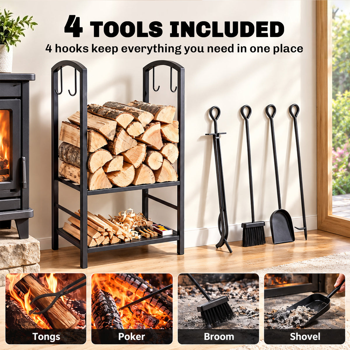 Black two-tier log holder with four fireplace tools and hooks