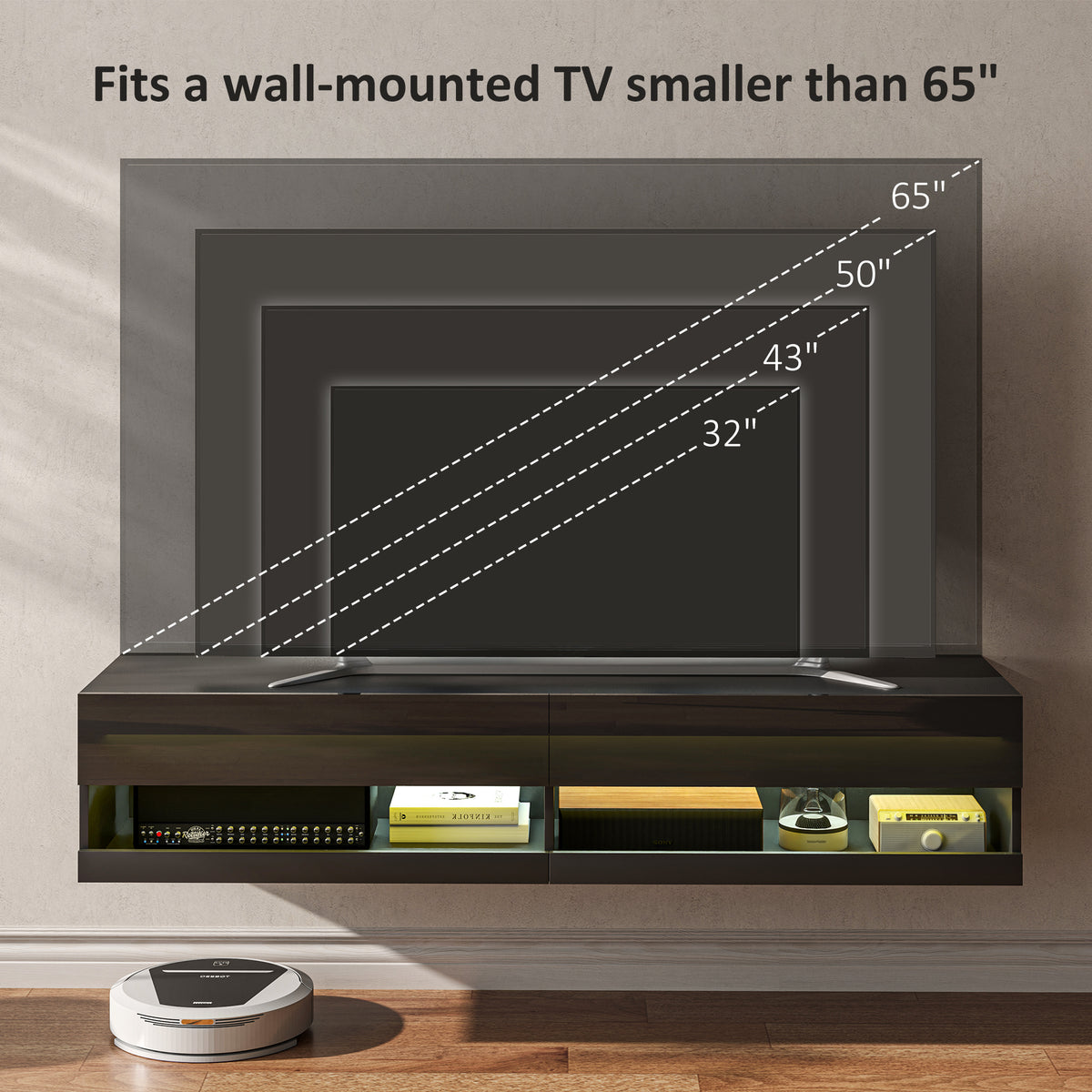 HOMCOM Floating TV Unit, Wall Mounted TV Cabinet for TVs up to 65", High Gloss Media Wall Unit with LED Lights, Storage Shelves, APP Control for Living Entertainment Room, Black
