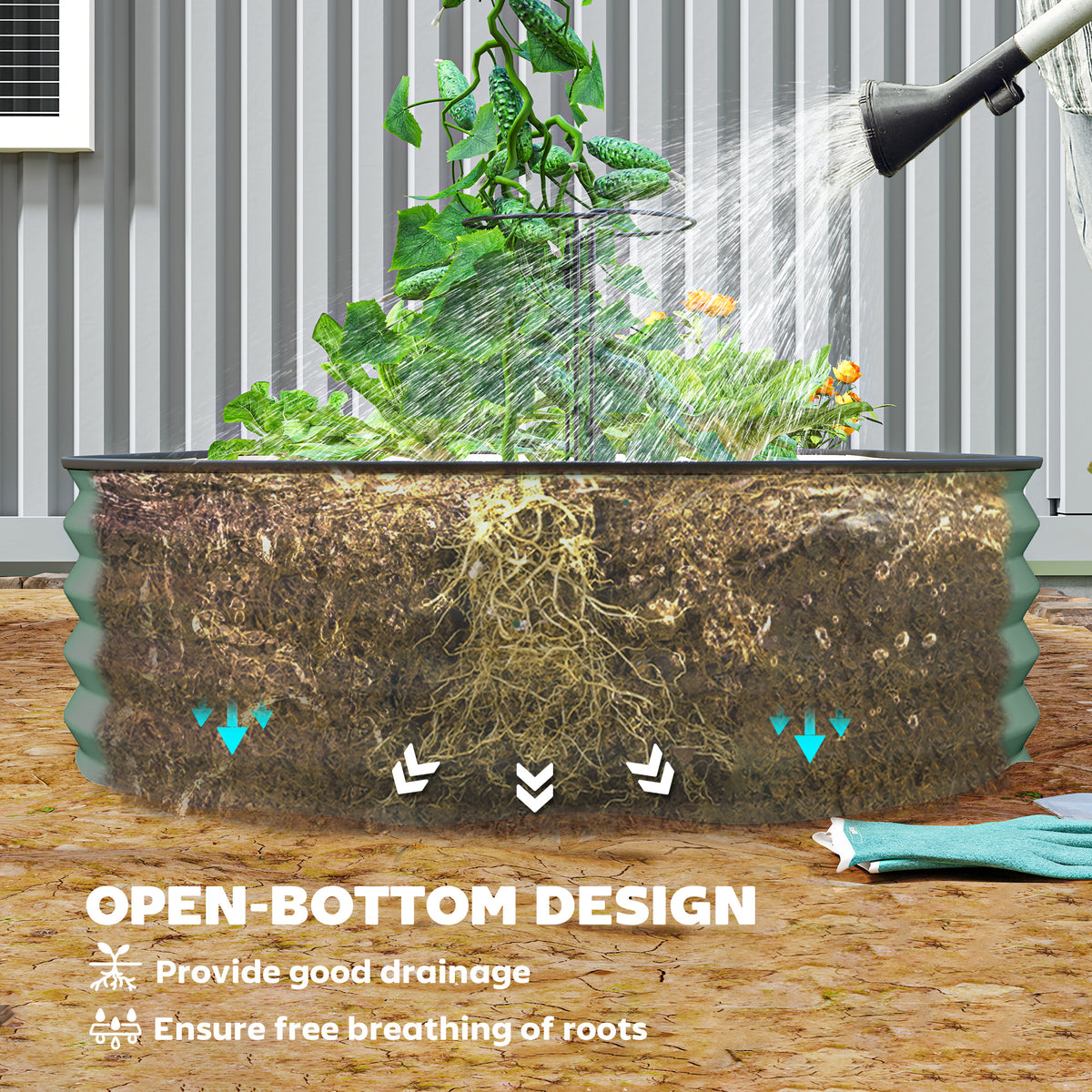 Green steel planter shown with open bottom for soil drainage