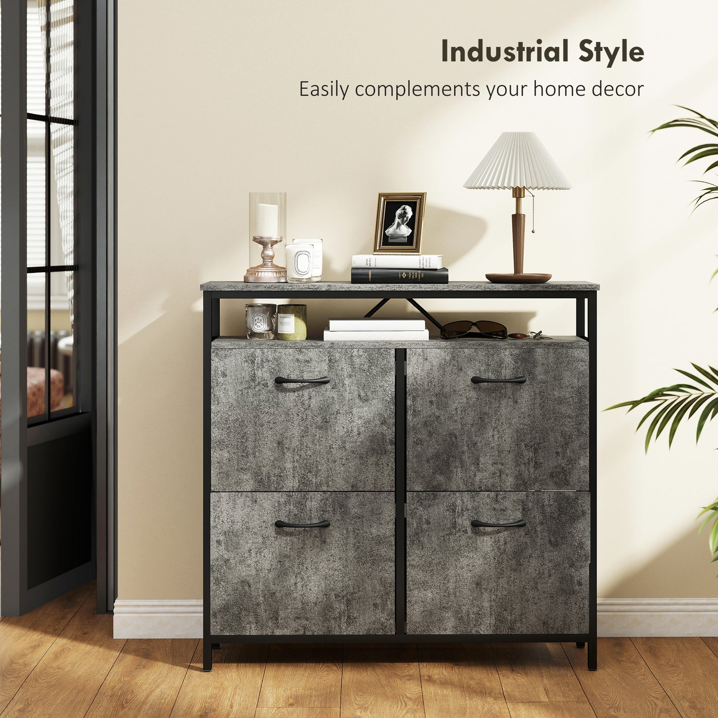 HOMCOM Shoe Storage Cabinet with 4 Flip Drawers and Open Shelf - Cement Grey