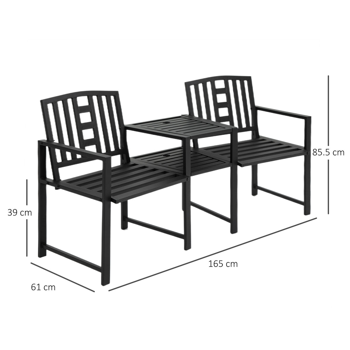 Black slatted garden loveseat with center table, shown with dimensions