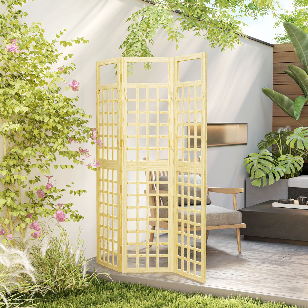 Outsunny 3-Panel Garden Privacy Screen, Freestanding Foldable Wooden Outdoor Divider/Trellis, Decorative Privacy Screen for Garden Patio, 120 x 170 cm, Natural Wood Finish