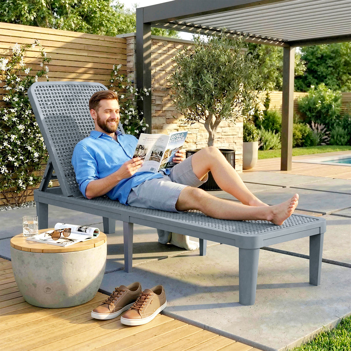 Outsunny Plastic Sun Lounger, 4-Position Adjustable Reclining Garden Lounger Sunbed for Patio, Beach, Terrace, Dark Grey
