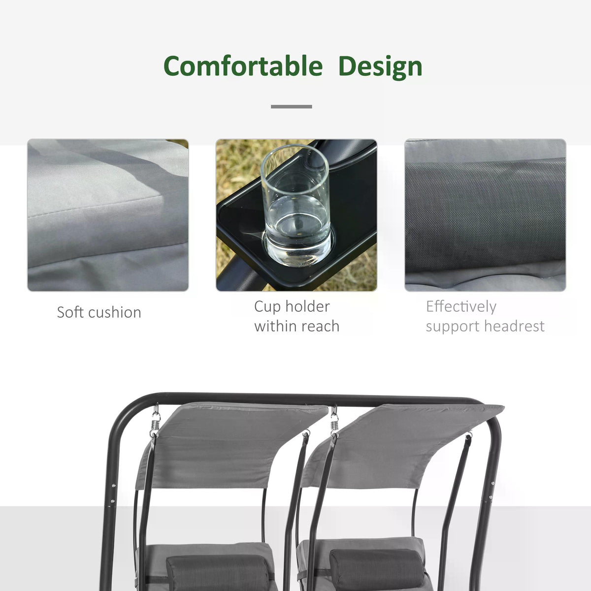 Outsunny double swing chair with close-ups of cushioned fabric, cup holder, and headrest