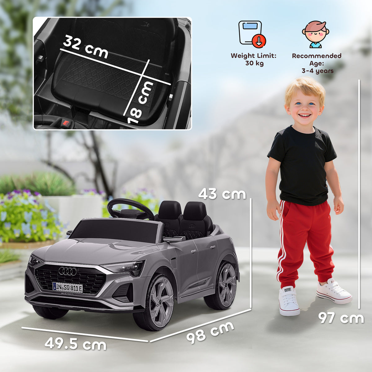 Grey Audi ride-on car with two seats and size diagram showing 98 cm length and 43 cm height