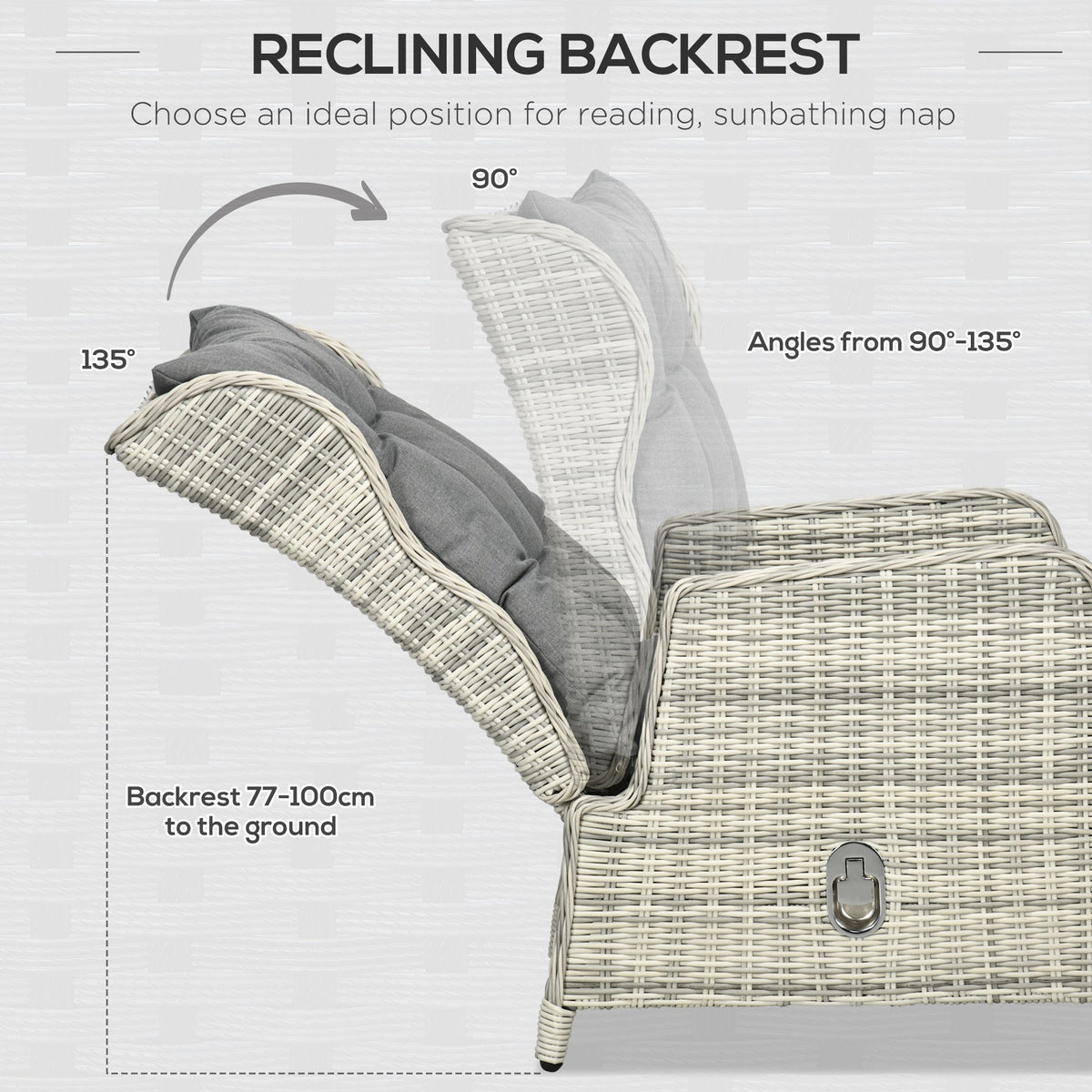 Outsunny rattan chair with reclining backrest shown at adjustable angles
