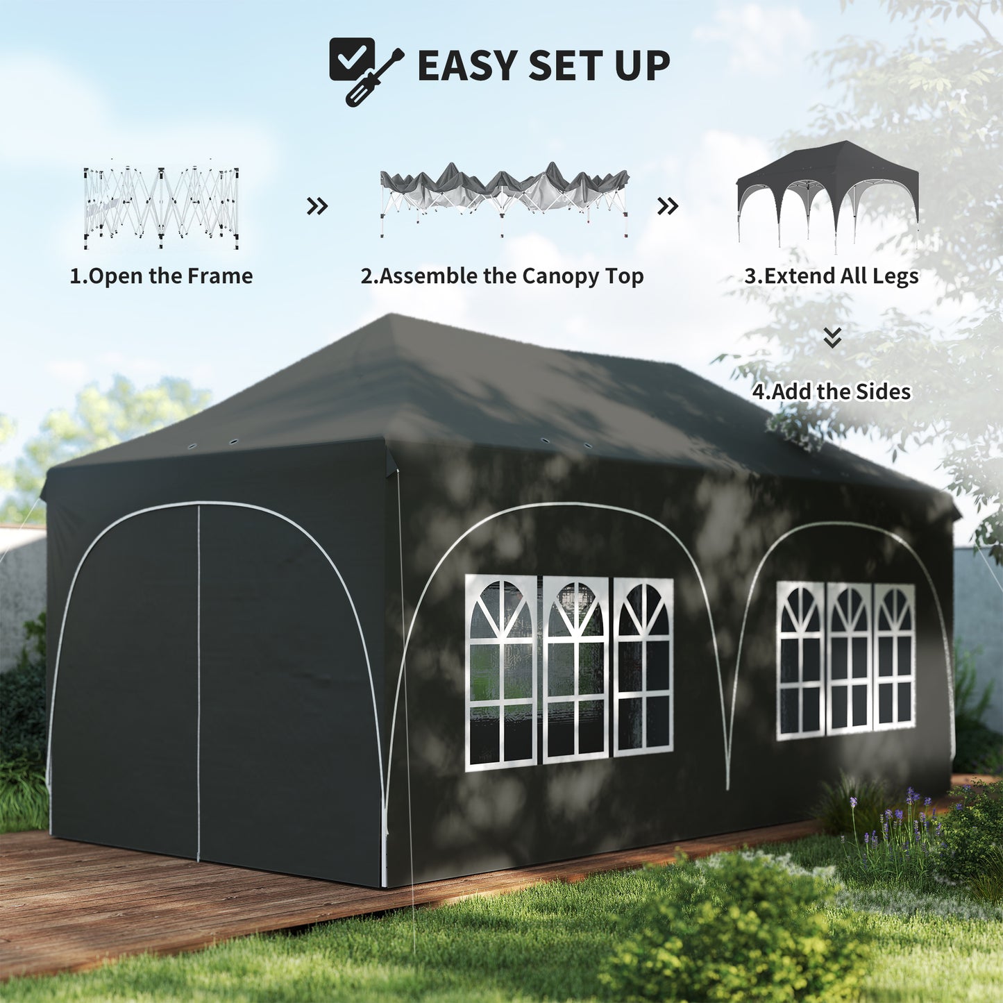 Outsunny 3 x 6m Pop Up Gazebo Shelter with Sides, 6 Sandbags, Peak Top Garden Party Tent Marquee with Carry Bag, Dark Grey
