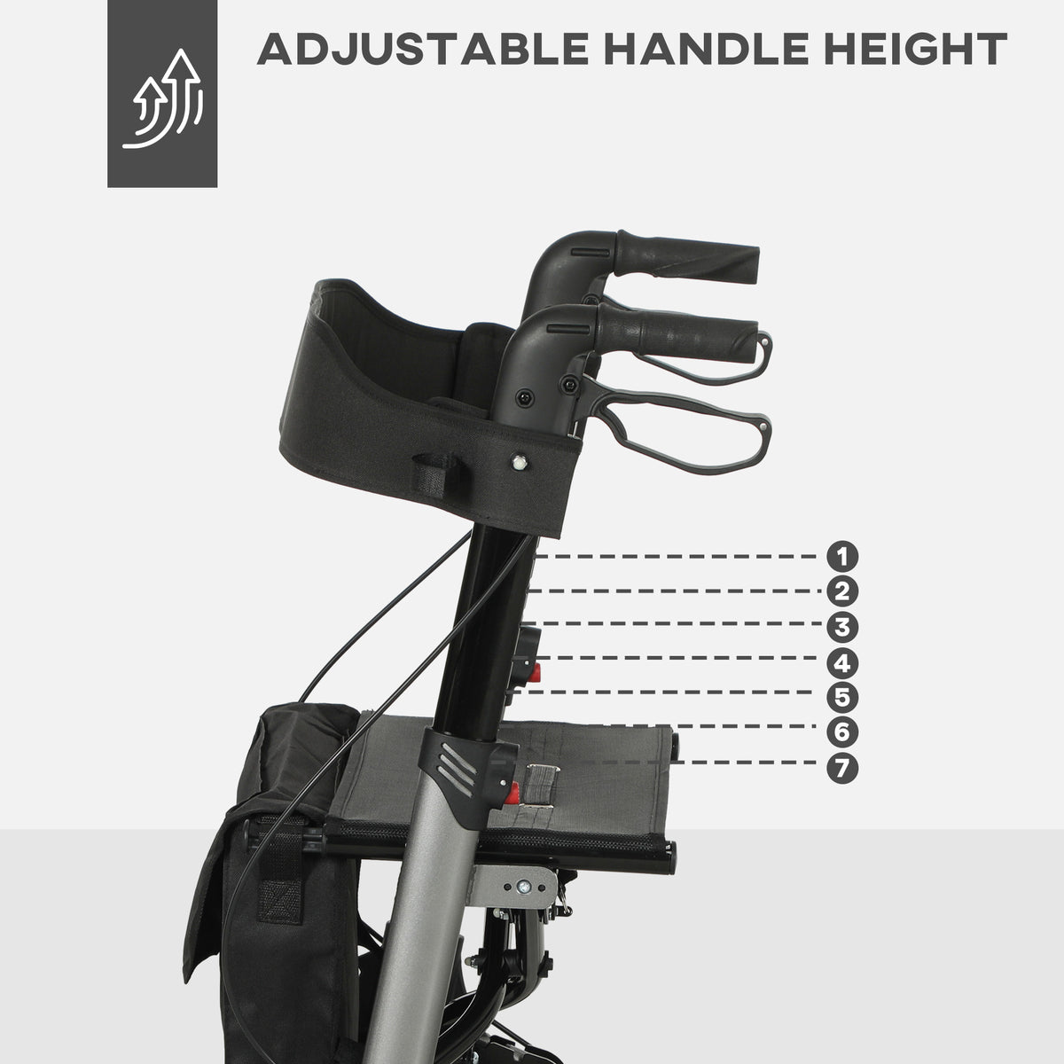 HOMCOM rollator walker side view showing adjustable handles with seven height settings