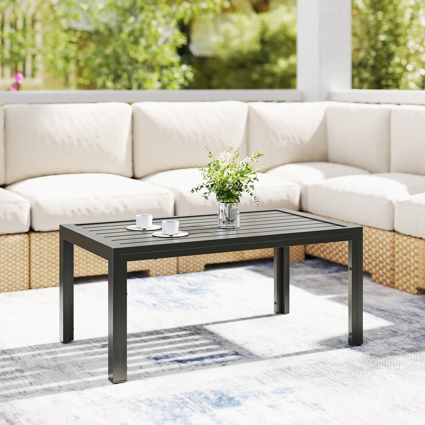 Outsunny Outdoor Side Table, Rectangular Patio Coffee Side Table with Steel Frame and Slat Tabletop for Garden, Balcony, Grey