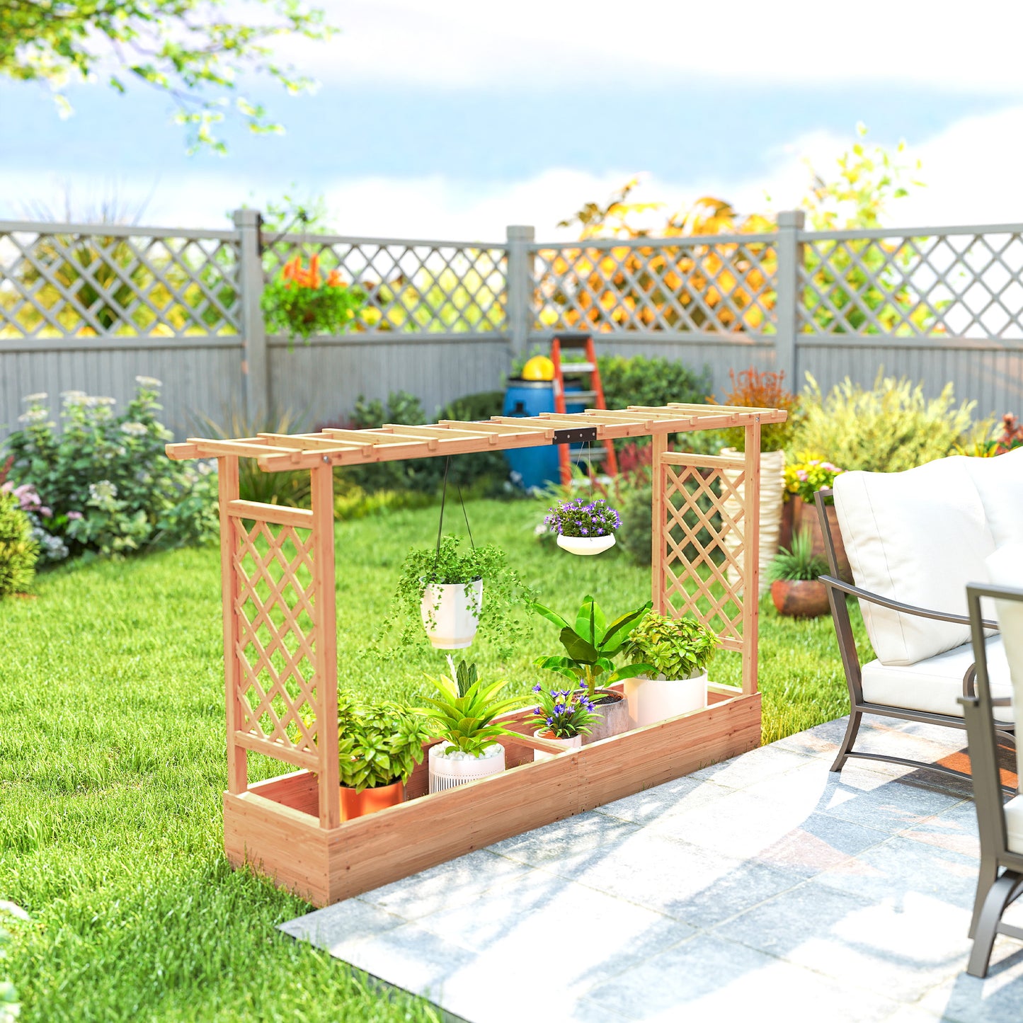 Outsunny Raised Planter with Trellis, Wooden Raised Bed for Garden with Hanging Roof and Drainage Holes, Outdoor Planter Box