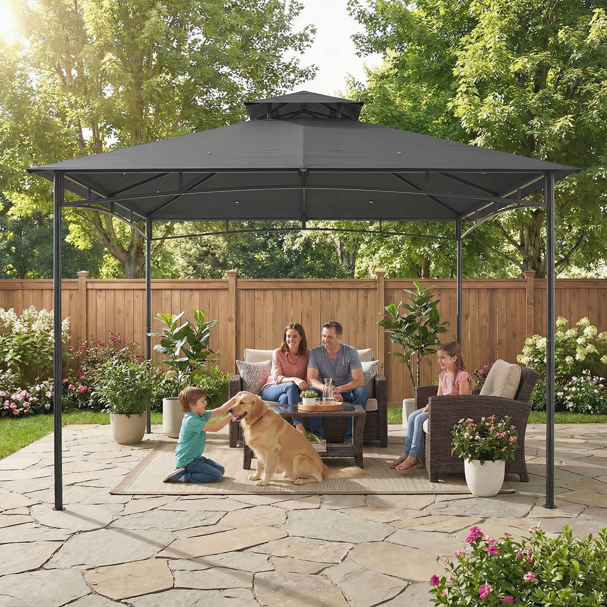 Outsunny 3 x 3 m Gazebo, Garden Gazebo with 2-Tier Roof, Metal Frame, Dark Grey