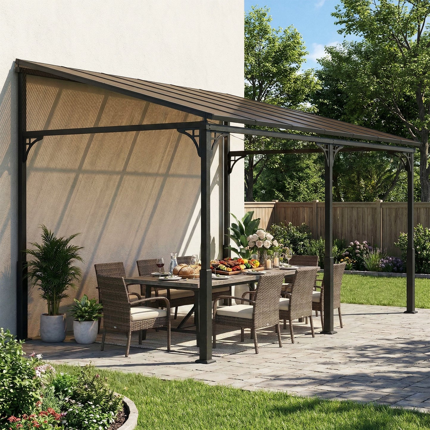 Outsunny 4 x 3 m Metal Lean-to Pergola, Wall-Mounted Garden Pergola with Polycarbonate Roof and Metal-Aluminium Frame, Heavy Duty Hardtop Gazebo for Outdoor Patios, BBQ, Brown