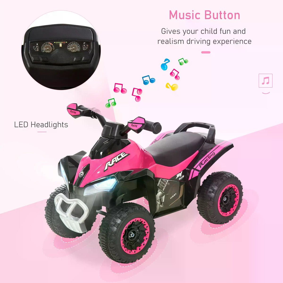 Pink and black ride-on toy motorcycle with LED headlights and a music button
