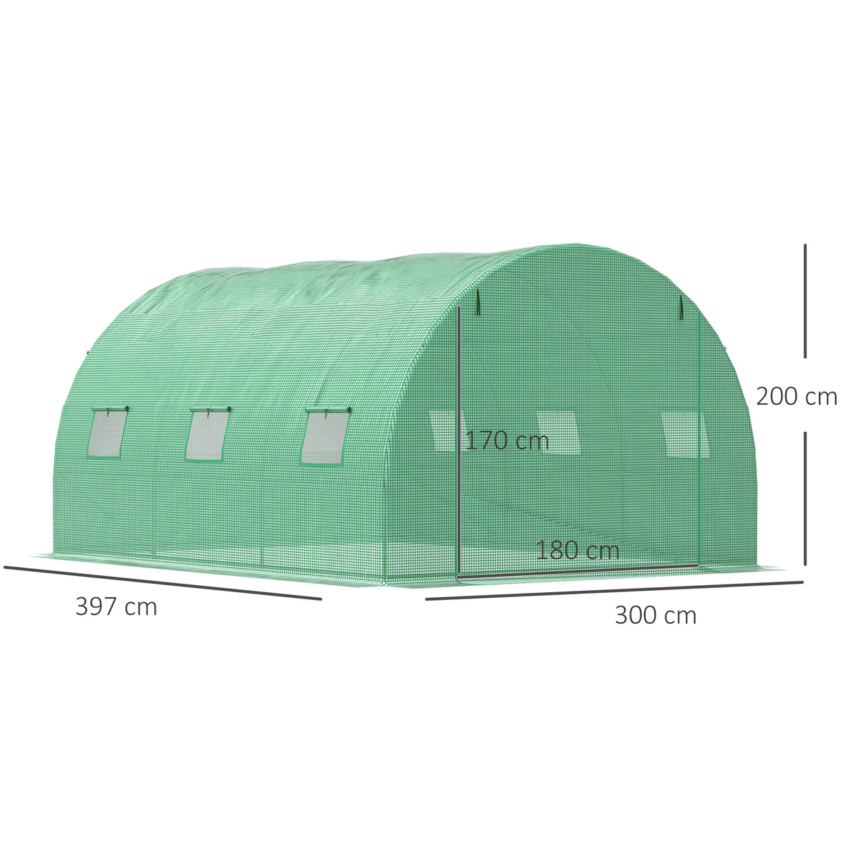 Outsunny green polytunnel greenhouse with six mesh windows and dimensions of 397 x 300 x 200 cm