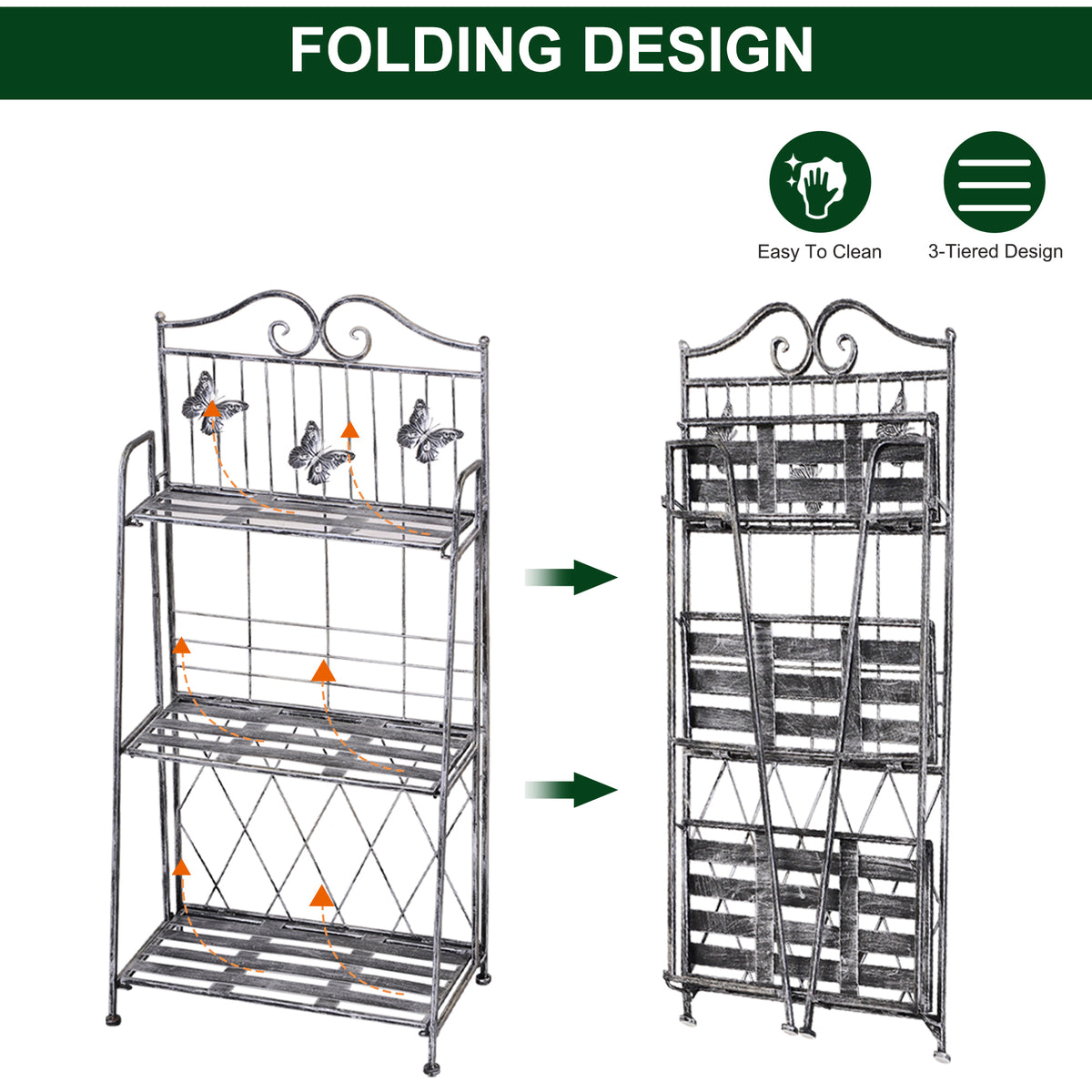 Outsunny folding metal plant stand shown open and folded for storage
