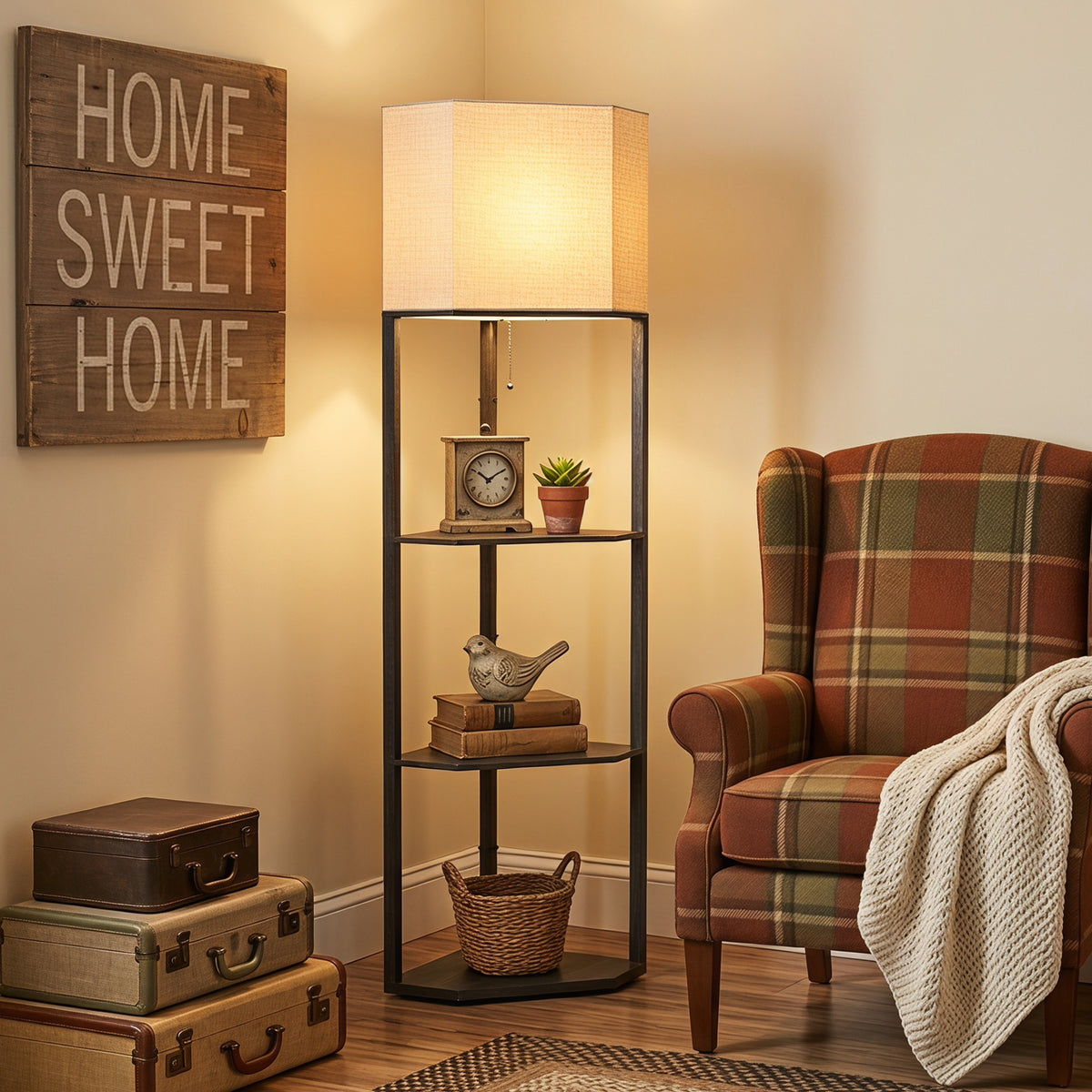 Black corner floor lamp with beige fabric shade and three open shelves