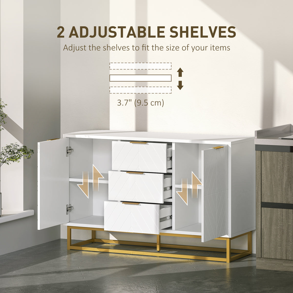 White sideboard with open doors, three drawers and adjustable interior shelves