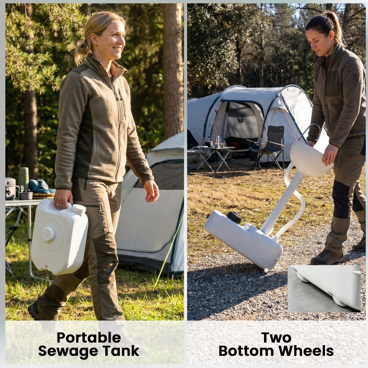 Outsunny camping sink tank carried by its handle; inset shows wheels on the sink base