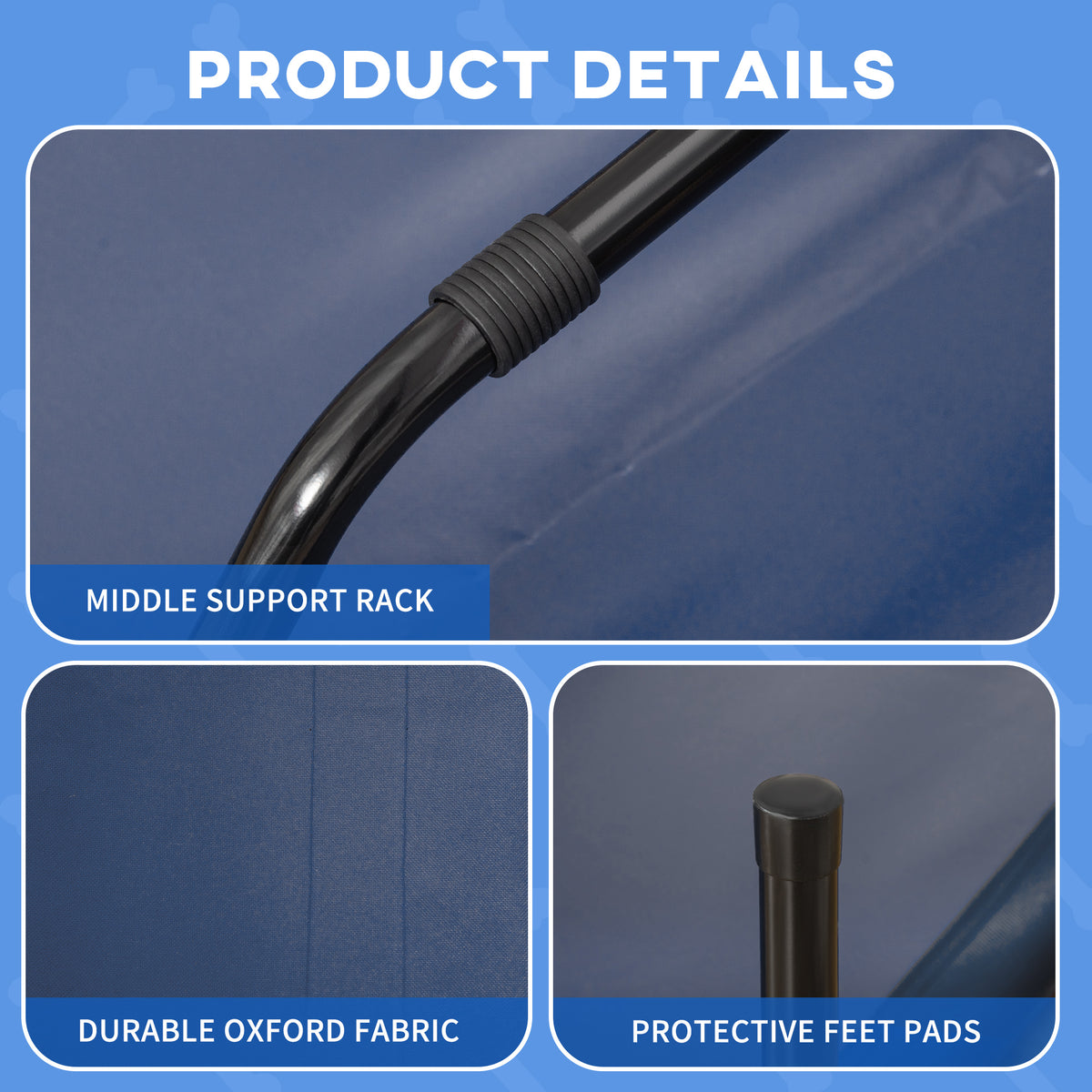 Close-up of blue Oxford fabric, the black center support bar, and protective frame feet