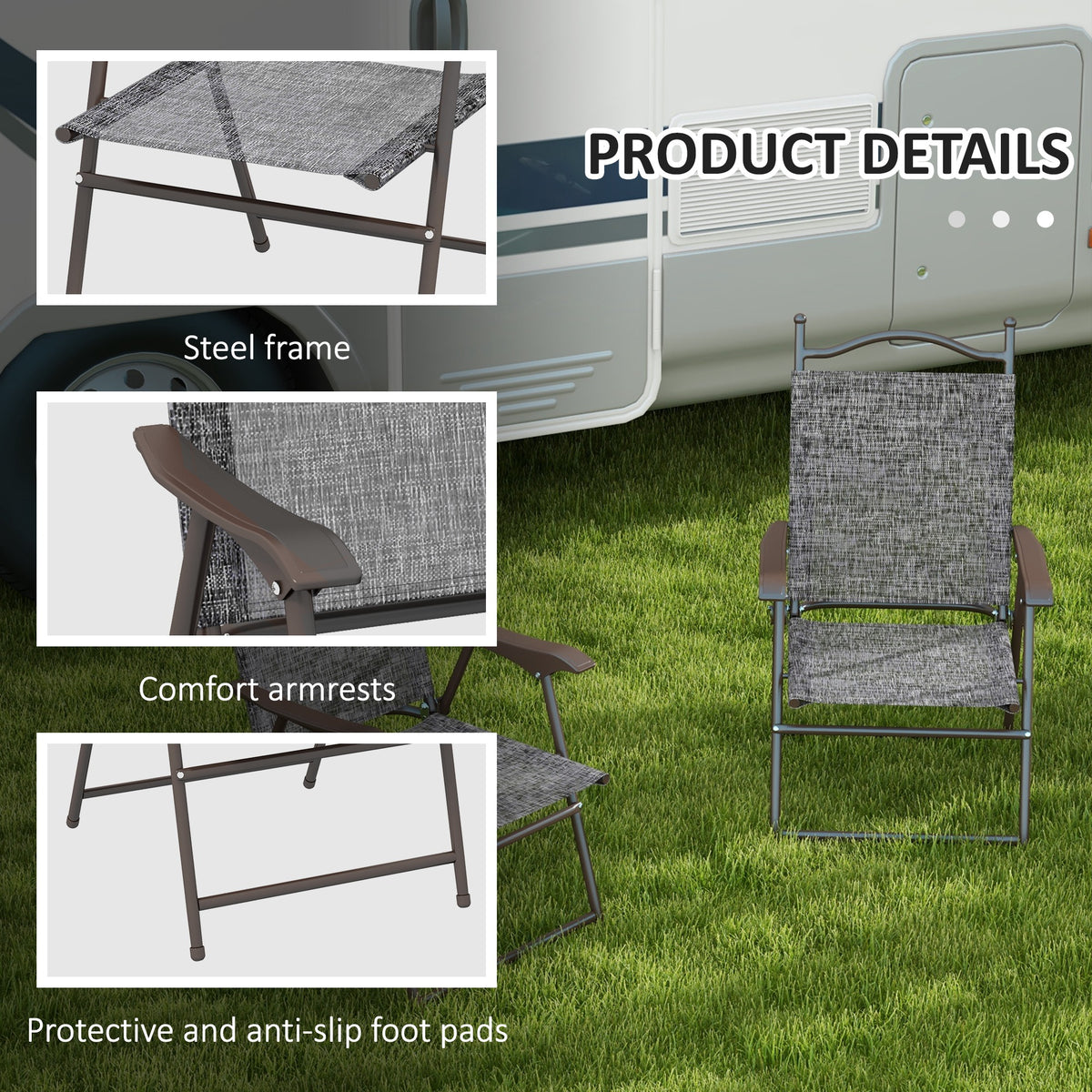 Gray mesh folding chair with steel frame, armrests, and protective foot pads