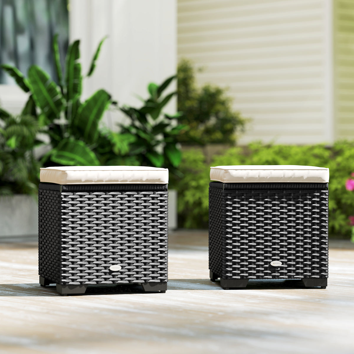 Outsunny Set of 2 Rattan Storage Ottoman, Outdoor Footstool with Removable Cushions, Garden Storage Seat for Balcony, Porch, Living Room, Cream