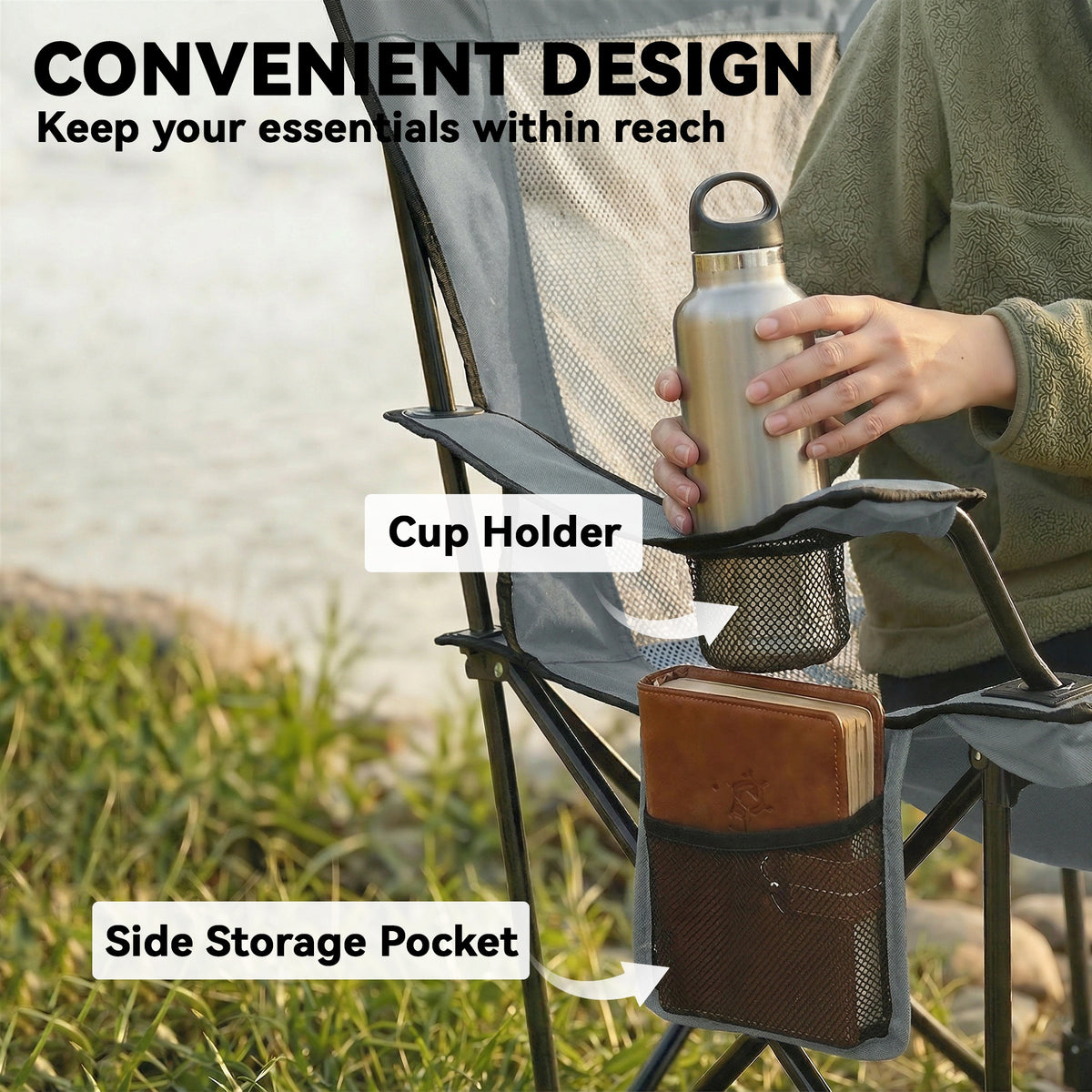 Outsunny Camping Chair Reclining Portable Camp Chair with Detachable Footrest Cup Holder Grey