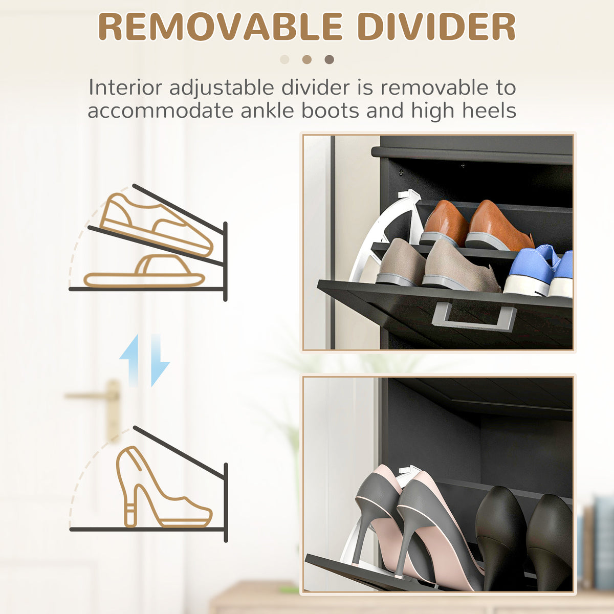 Black shoe cabinet with adjustable removable dividers and open compartments for varied shoe heights.