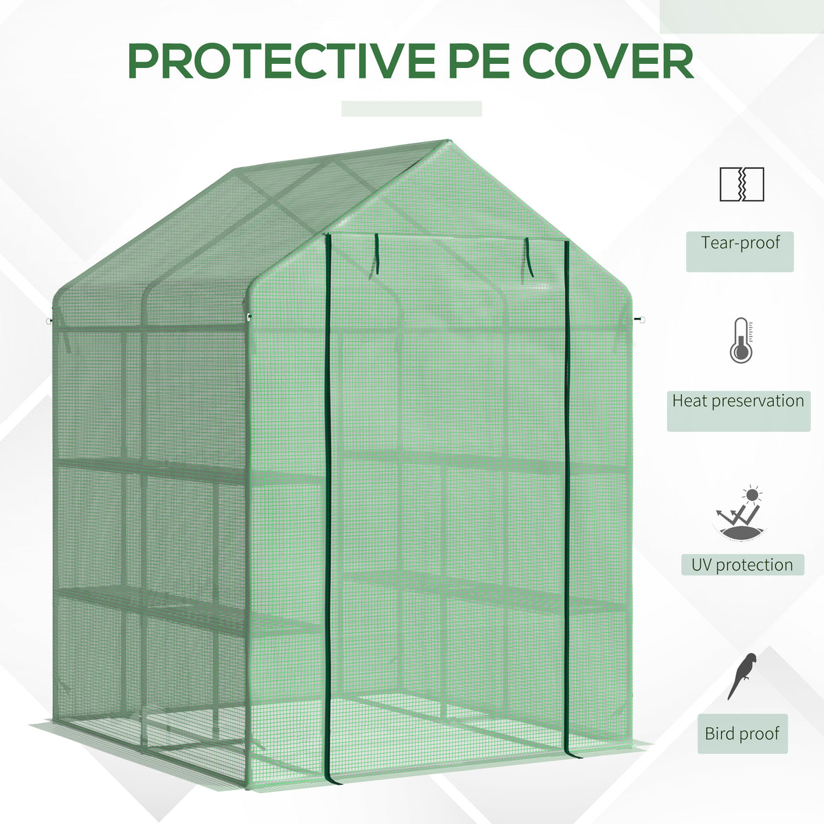 Green walk-in greenhouse with peaked roof and translucent protective cover