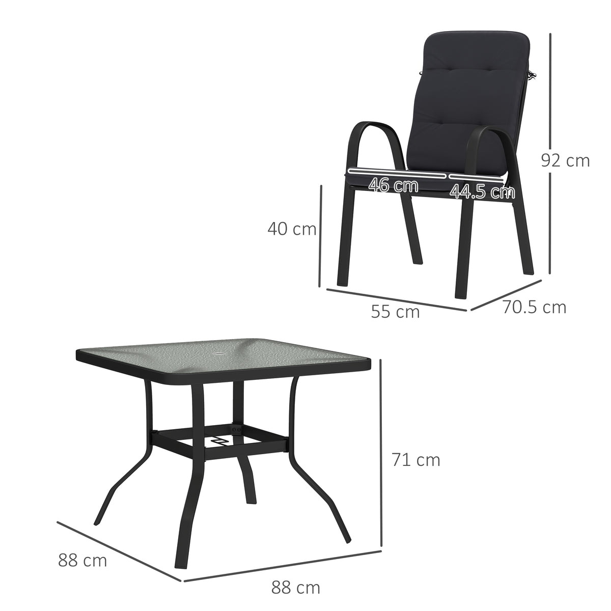 Outsunny 5 Pieces Outdoor Square Garden Dining Set w/ Tempered Glass Dining Table 4 Cushioned Armchairs, Umbrella Hole, Black
