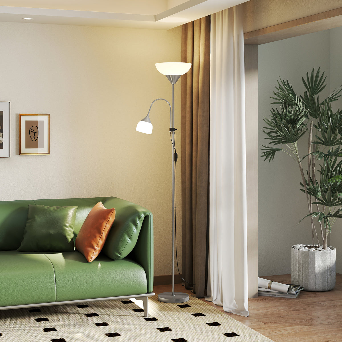 Silver-tone mother-and-child floor lamp with two lit shades and adjustable reading light