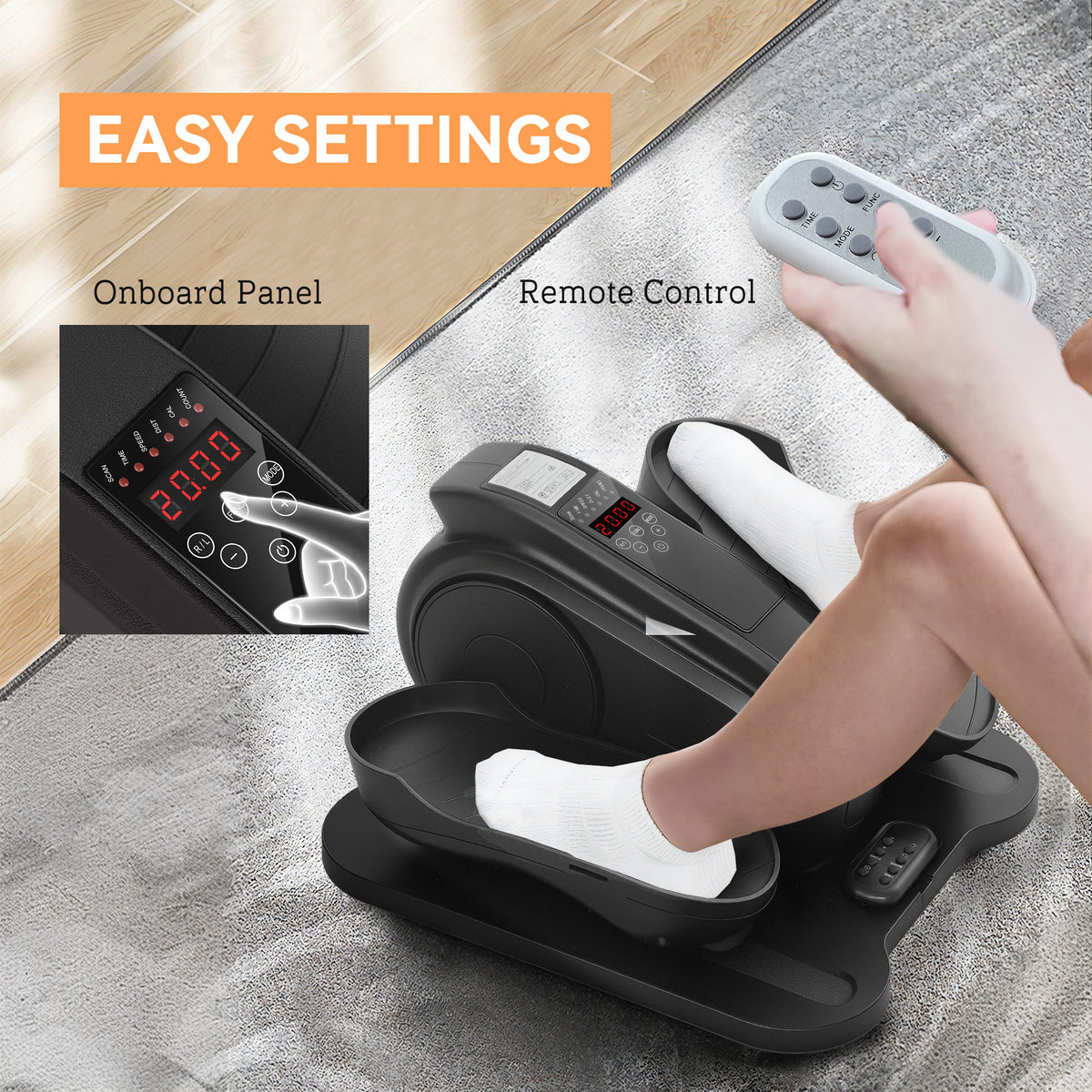 Under-desk elliptical exerciser in use with remote control and onboard panel